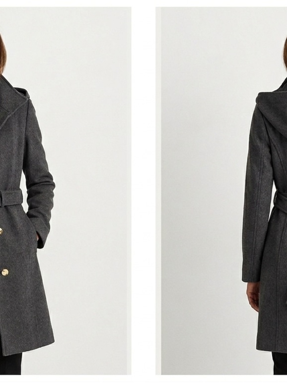 Womens Charcoal Hooded Belted Wool-Blend Coat - Picture 3 of 6